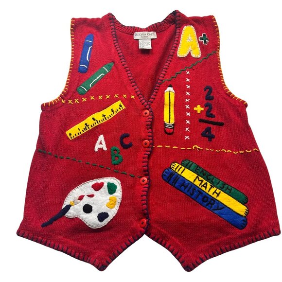 Victoria Jones Womens Red School Theme Knit Vest 1X - Picture 1 of 10